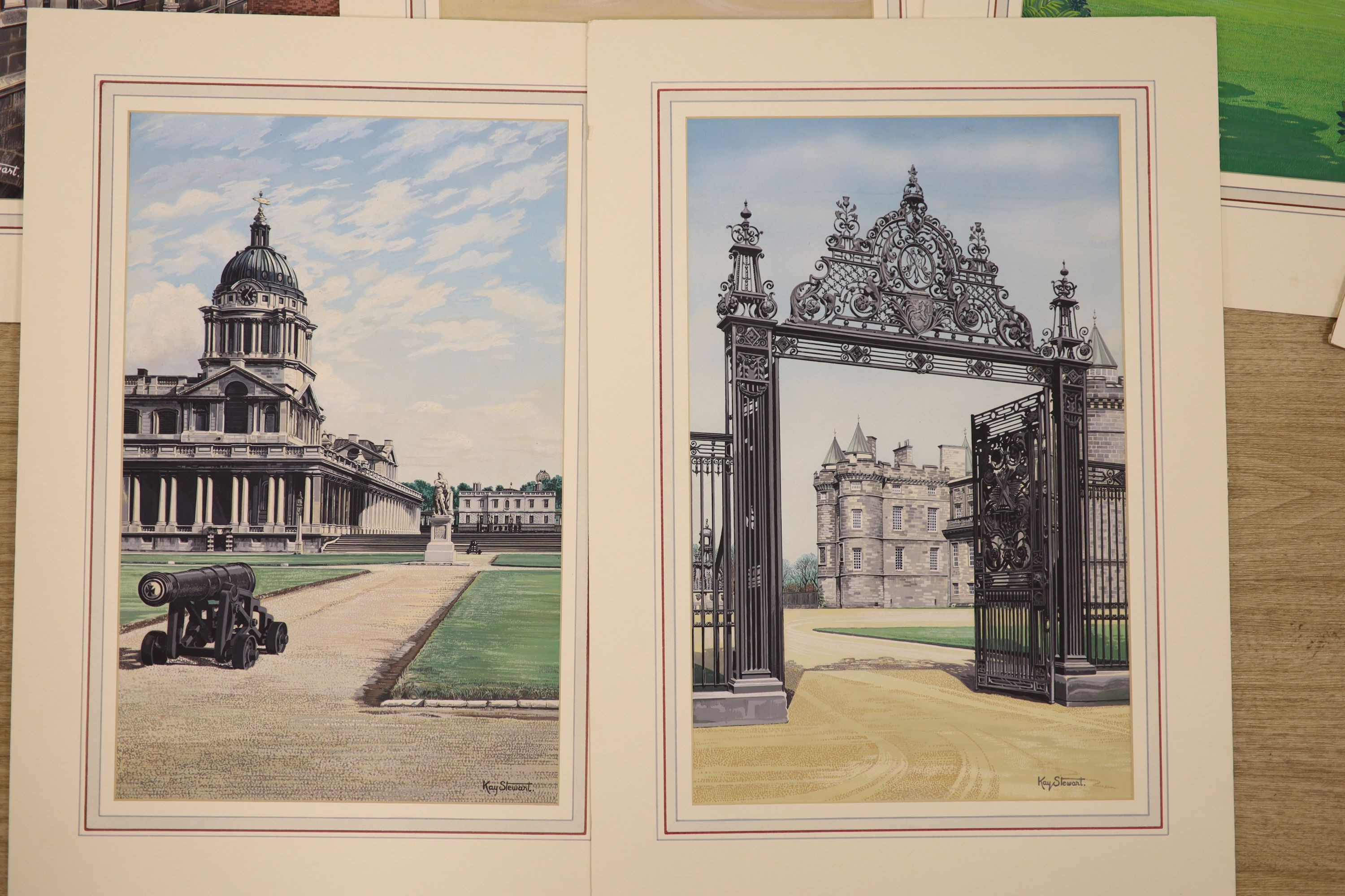 Kay Stewart (poster artist), eight assorted watercolours with gouache, Stiudies of Royal Palaces, including Glamis Castle, Balmoral, Royal Pavilion Brighton, Marlborough House, Hatfield House, Hampton Court (2), Statue o